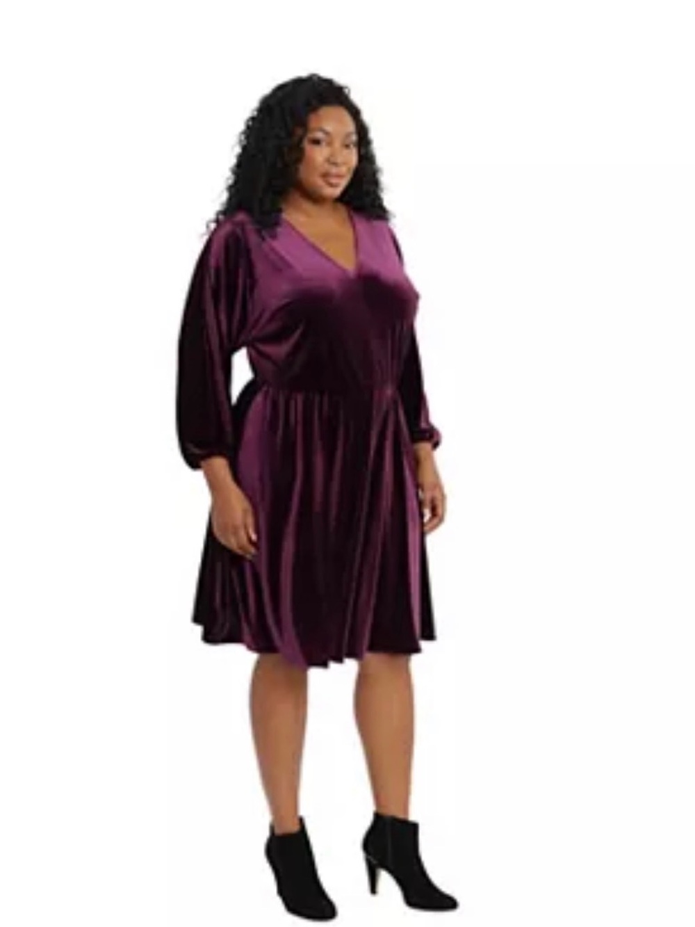 Velvet V-Neck Pleated Dress in Deep Plum
